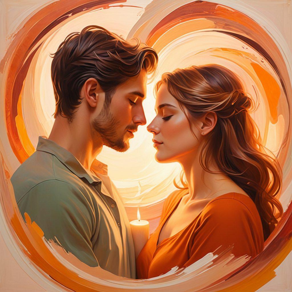 A serene, warm-toned illustration of a couple comfortably sharing an intimate moment, surrounded by soft light and gentle abstract shapes symbolizing connection. Elements like books and candles are subtly placed to represent communication and trust. The background hints at a peaceful environment, evoking feelings of safety and openness in relationships. vibrant colors. soft-focus. painting.
