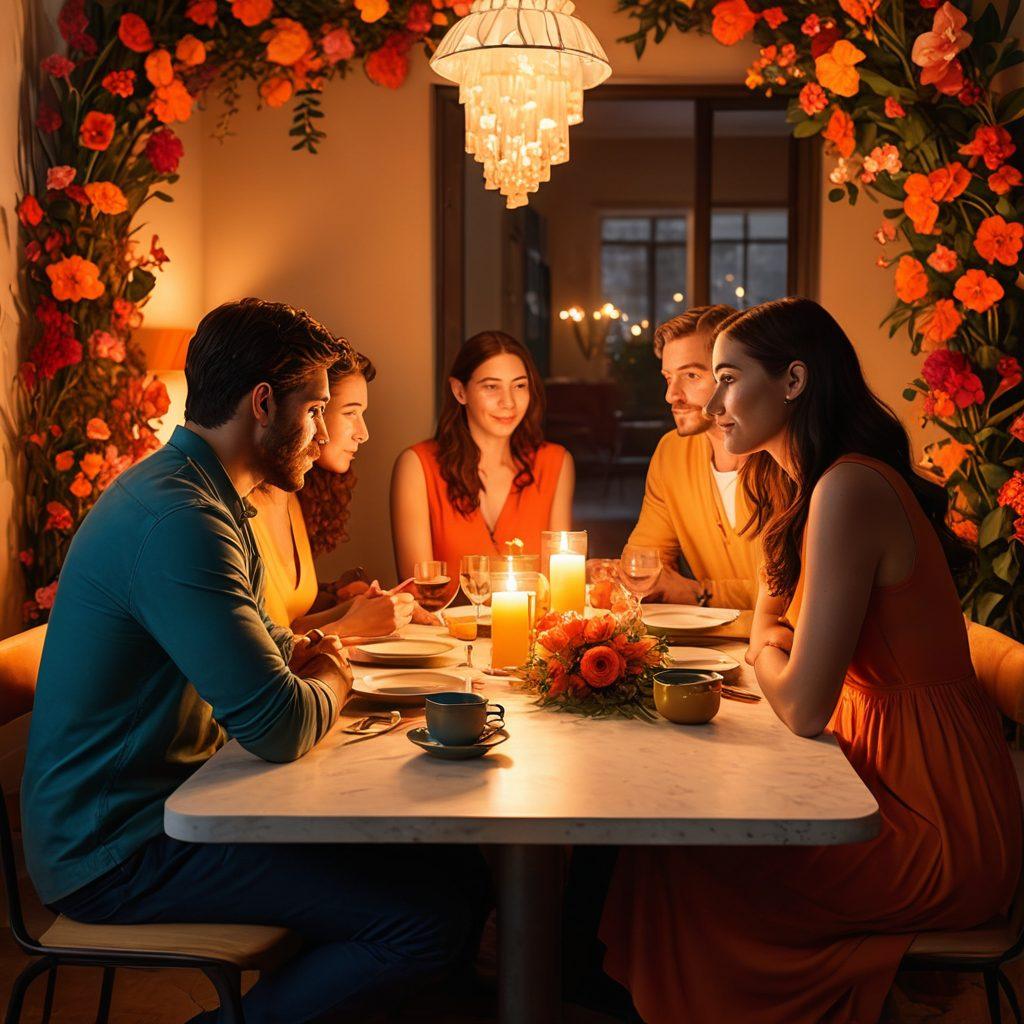 A confident and diverse group of individuals engaged in intimate conversations, surrounded by soft candlelight and vibrant decor that symbolizes empowerment. Include elements of adult material subtly displayed as art, with a backdrop of blooming flowers and abstract shapes representing emotional connections. The atmosphere should feel warm, inviting, and liberating. super-realistic. vibrant colors. intimate setting.