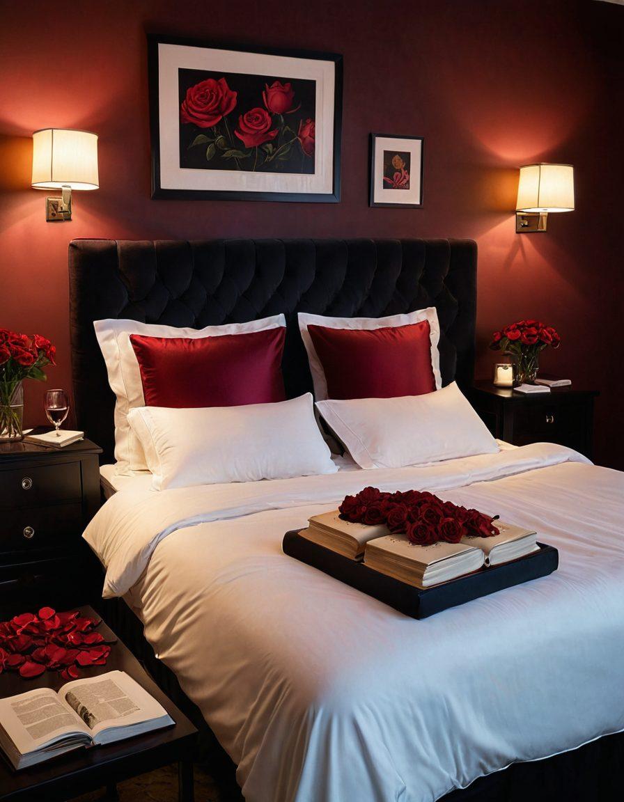 A sultry scene of an elegantly styled bedroom with soft, dim lighting, incorporating elements of erotic literature such as open books with suggestive titles, scattered rose petals, and a glass of red wine. A plush bed adorned with luxurious silk sheets and hints of sensual art on the walls. A cozy atmosphere that invites exploration and indulgence in adult lifestyle experiences. super-realistic. warm tones. soft focus.